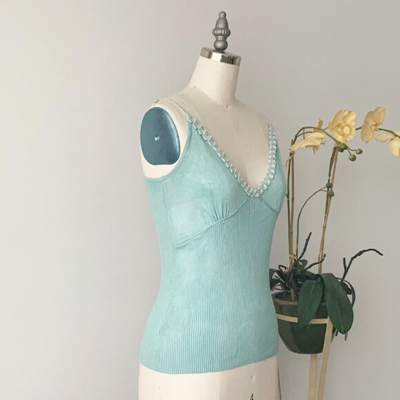 OUI MOMENTS Size 6 Acqua Blue Knitted Viscose Blend Spaghetti Strap Tank Top - Picture 10 of 13